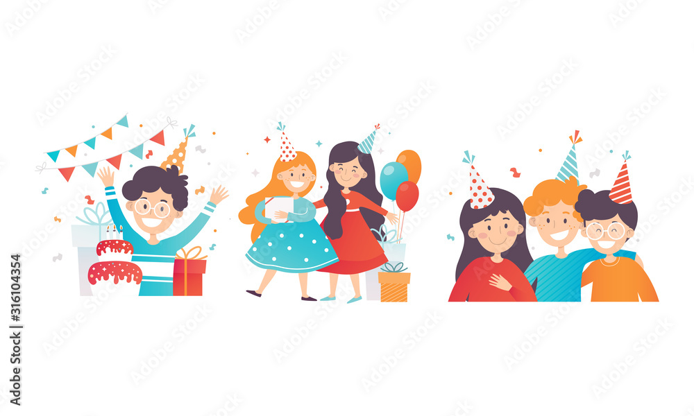 Children Having Fun at Birthday Party Vector Illustrations Set Children Having Fun at Birthday Party Vector Illustrations Set