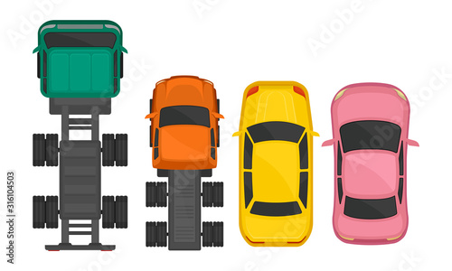 Lorries and Light Motor Cars Isolated on White Background Top View Vector Set
