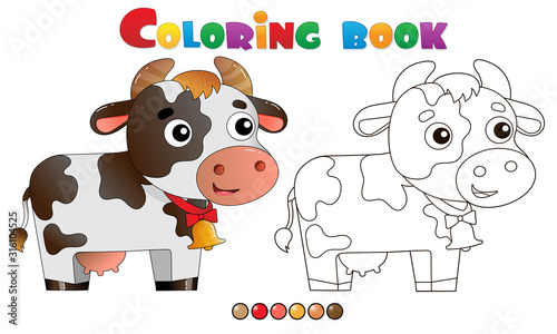 Coloring Page Outline of cartoon cow with bell. Farm animals. Coloring book for kids.