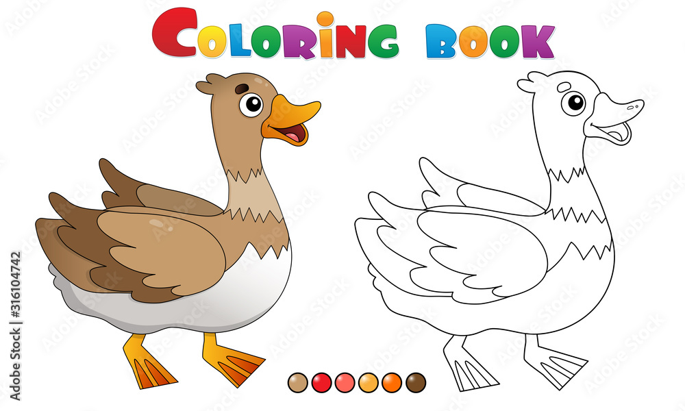Coloring Page Outline of cartoon duck. Farm animals. Coloring book for kids.