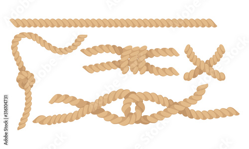 Rope Fastening in Different Knots Isolated on White Background Vector Set