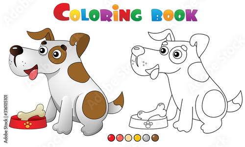 Coloring Page Outline of cartoon dog with bone. Pets. Coloring book for kids.