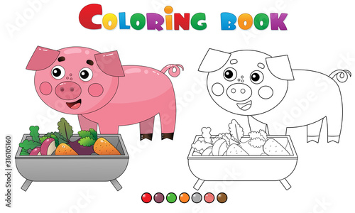 Coloring Page Outline of cartoon pig or swine with food. Farm animals. Coloring book for kids.