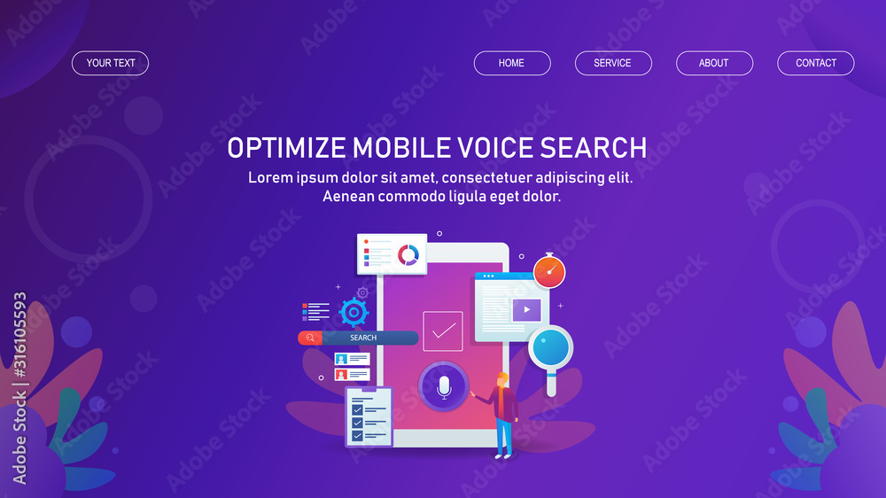 Voice search optimization, search by voice, user searching via mobile voice recognition, business and internet technology concept. Web banner template with text.