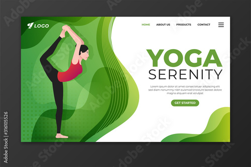 Yoga serenity landing page template. Woman doing king dancer (Natarajasana) pose. Web page design for website and mobile website