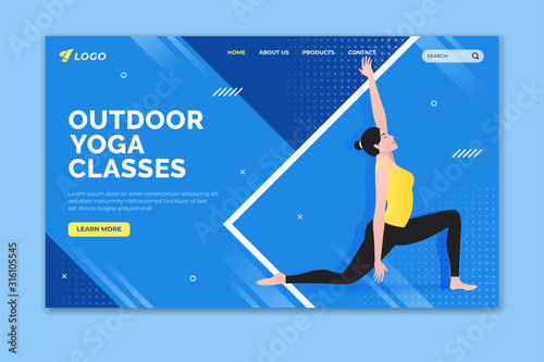 Outdoor yoga classes landing page. Woman doing low lunge (anjaneyasana) pose. Web page design for website and mobile website