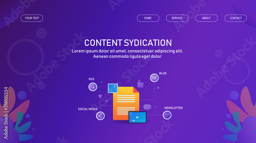 Blogging, content sharing, publication and syndication concept. Web banner template with text.