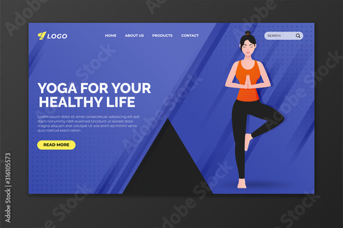 Yoga for your healthy life landing page. Woman doing tree pose. Web page design for website and mobile website