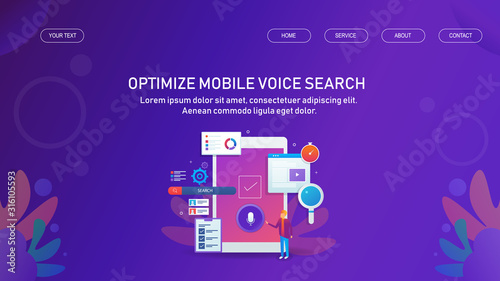 Voice search optimization, search by voice, user searching via mobile voice recognition, business and internet technology concept. Web banner template with text.