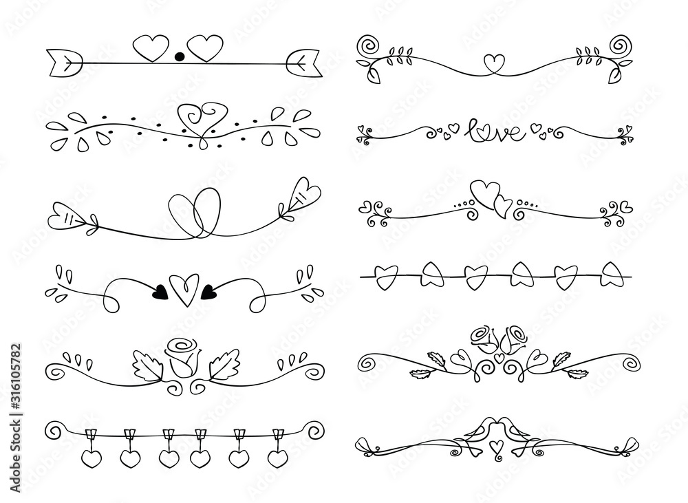 Set of heart decorative caligraphic handmade vector - obrazy, fototapety, plakaty 