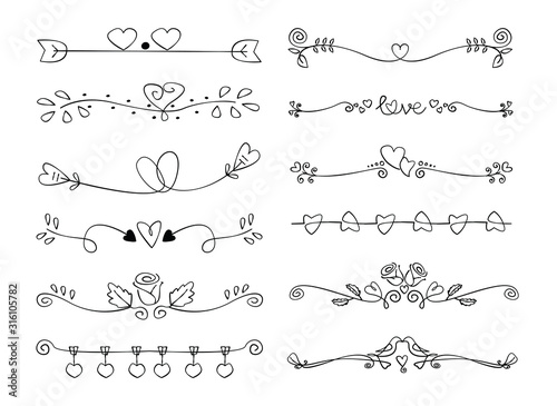 Set of heart decorative caligraphic handmade vector
