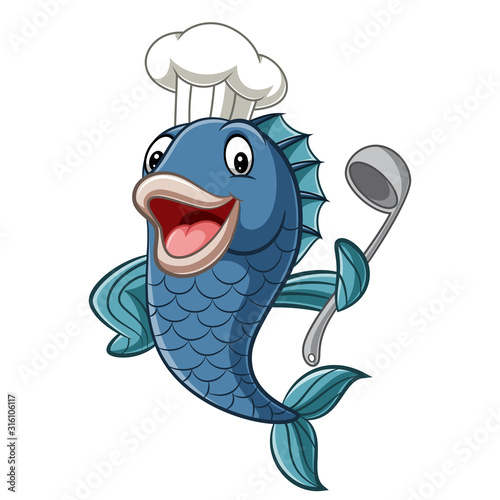 Cartoon chef fish holding a soup ladle #316106117