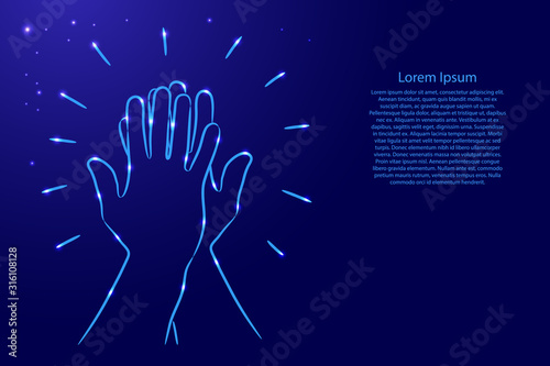 Informal greeting, two hands giving  high five, team result, friendly partners from contour blue color brush lines different thickness and glowing stars on dark background. Vector illustration.