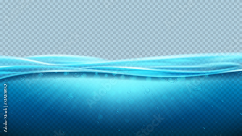 Blue realistic transparent ocean waves. Vector illustration. Realistic deep underwater sea scene with light beams. Banner with horizontal sea water surface.