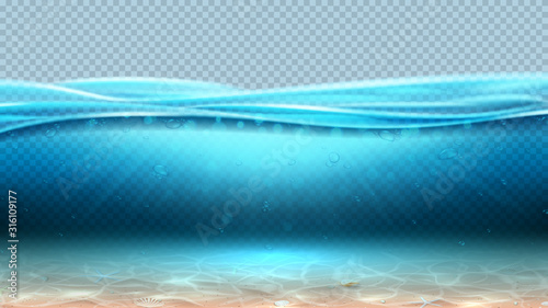Realistic sea underwater scene with transparent waves. Vector illustration. Realistic ocean landscape with seashells and sun beams. Banner with horizontal sea water surface.