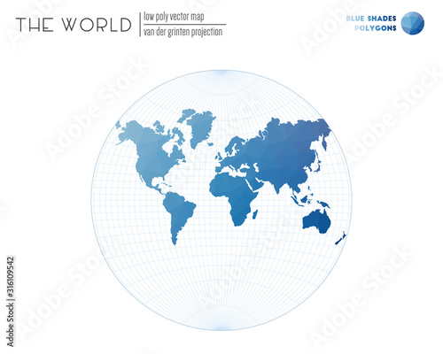 Low poly world map. Van der Grinten projection of the world. Blue Shades colored polygons. Trending vector illustration.