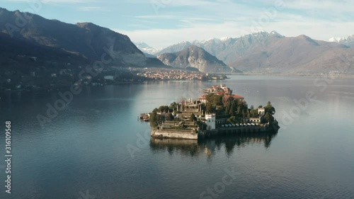 Flying backwards with a view on Borromean Islands on Lake Maggiore
