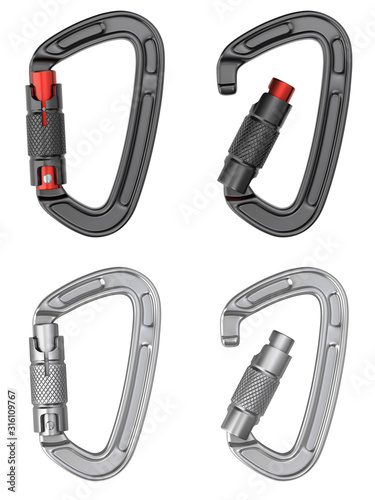 Open and closed black and metallic climbing safety carabiner - 3D illustration photo