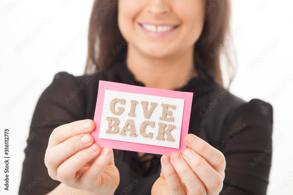 Give Back, Female corporate fundraiser message on pink Give Back, Female corporate fundraiser message on pink