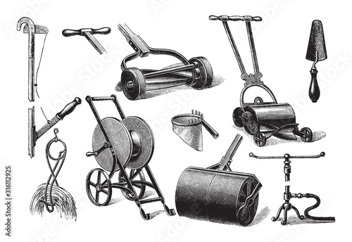 Old garden tools collection / vintage illustration from Brockhaus Konversations-Lexikon 1908