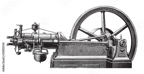 Old gas engine / vintage illustration from Brockhaus Konversations-Lexikon 1908