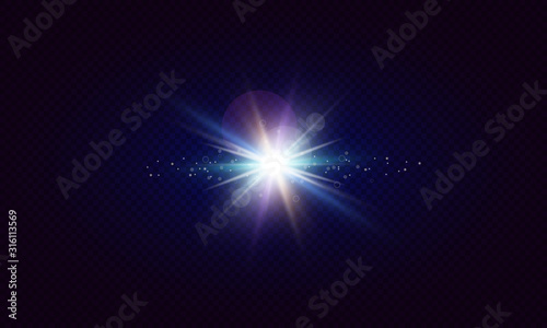 Glowing lens flares. Flash with colorful twinkle effect. Realistic light with rays. Vector illustration.