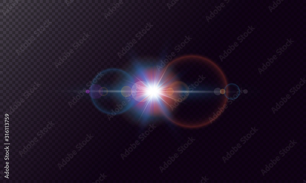 Glare effects with bokeh, glitter particles. Glowing lens flares. Vector illustration.