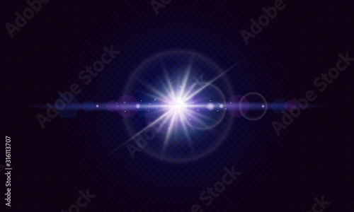 Glare effects with bokeh, glitter particles. Glowing lens flares. Vector illustration.