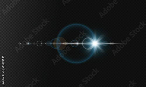 Glare effects with bokeh, glitter particles. Glowing lens flares. Vector illustration.