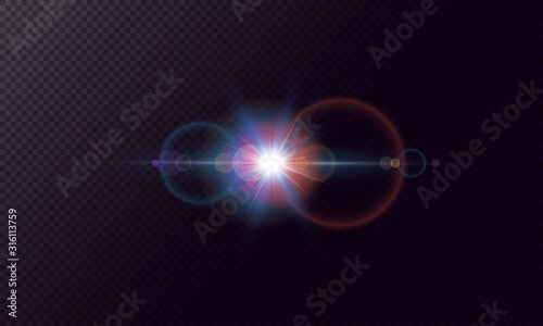 Glare effects with bokeh  glitter particles. Glowing lens flares. Vector illustration.