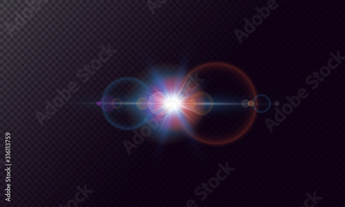 Glare effects with bokeh, glitter particles. Glowing lens flares. Vector illustration.