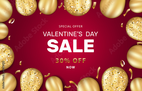 Valentines day sale background with gold ballons. Modern  pink background. Invitation, posters, brochure, banners. Vector