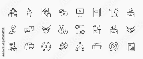 Set of Business Cooperation Vector Line Icons. Contains such Icons as Puzzle, Partnership, Money, Handshake, Dollars, Team, Synergy, Work, Interaction and more.Editable Stroke. 32x32 Pixel Perfect.