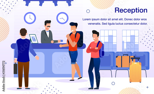 Arriving to Comfortable Hotel Trendy Flat Vector Advertising Banner, Promo Poster Template. Male Receptionist at Hotel Reception Desk Welcoming Travelers, Tourists with Baggage, Guests Illustration