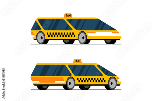 Taxi self driving car front and back side perspective view. Yellow futuristic unmanned concept cab city service transport set modern flat vector style illustration