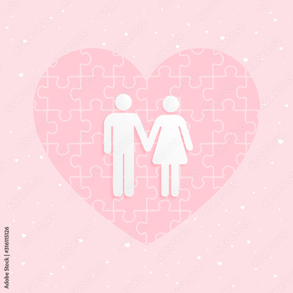 Valentines Day Men and Women happy with love jigsaw heart backdrop. Vector illustration style. Valentines Day Men and Women happy with love jigsaw heart backdrop. Vector illustration style.