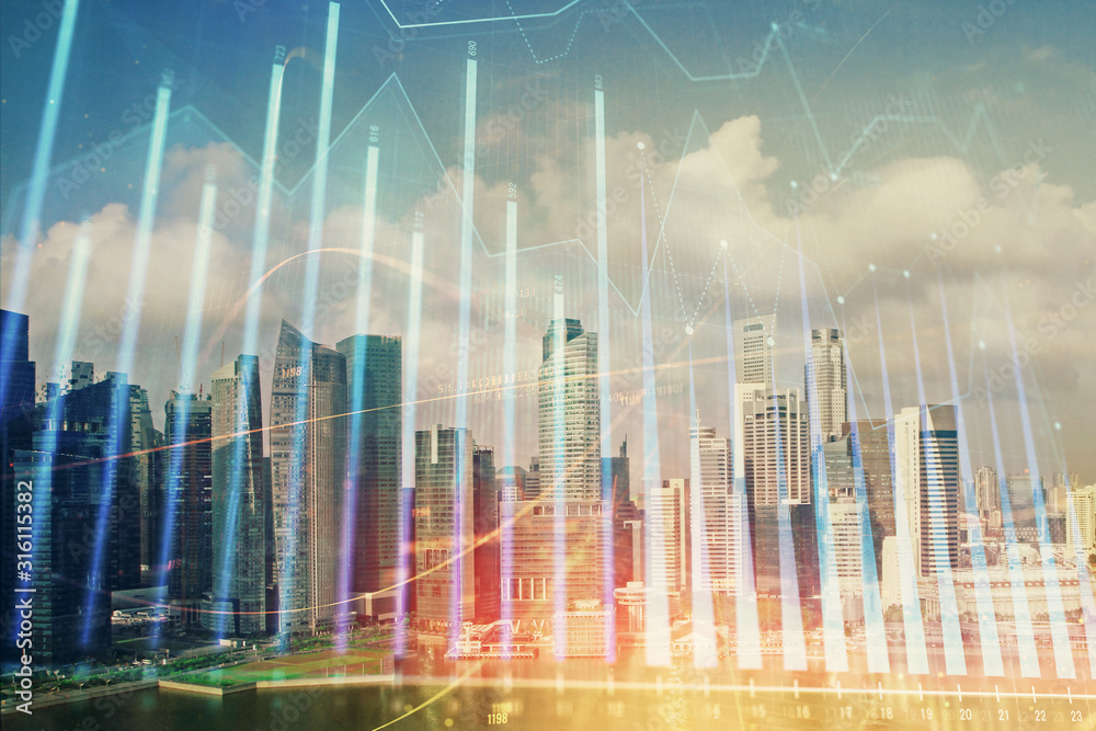 Forex chart on cityscape with skyscrapers wallpaper multi exposure. Financial research concept. Forex chart on cityscape with skyscrapers wallpaper multi exposure. Financial research concept.