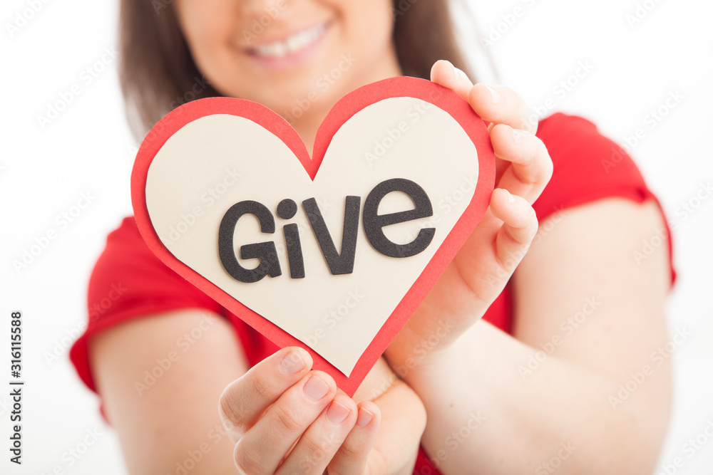 Lets give, in red on white background, smiling person Lets give, in red on white background, smiling person