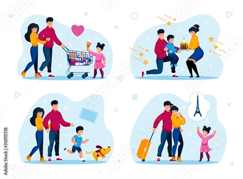 Happy Parenthood and Childhood Scenes Isolated Trendy Flat Vector Set. Parents with Child Shopping in Supermarket, Celebrating Sons Birthday, Going on Vacation Journey, Playing with Dog Illustrations