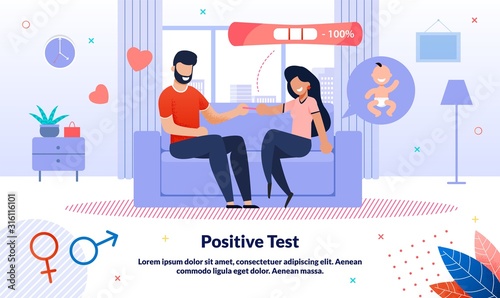 Positive Pregnancy Test, Baby Birth Happy Waiting, Maternity Planning Trendy Flat Vector Banner, Poster. Pregnant Woman Telling Husband About Pregnancy, Couple Preparing to Became Parents Illustration