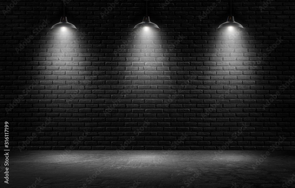 Empty black wall with spotlights background for product show with Elegant light and Cement floor. interior room with spots light. - obrazy, fototapety, plakaty 