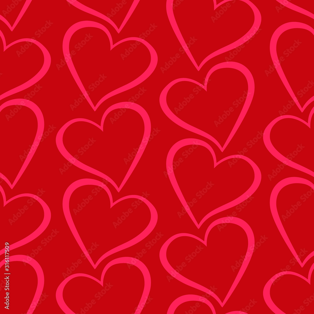 Vector seamless pattern with pink hearts on red background; romantic design for fabric, wallpaper, wrapping paper, textile, web desig.