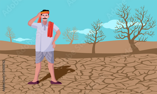 Tela drought conditions india, cracked land and worried indian farmer vector