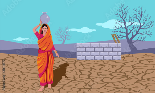 drought conditions india, women carrying water on head vector
