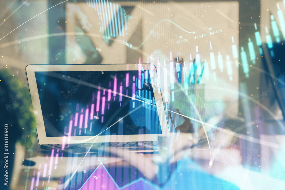 Forex market graph hologram and personal computer on background. Double exposure. Concept of investment. Forex market graph hologram and personal computer on background. Double exposure. Concept of investment.