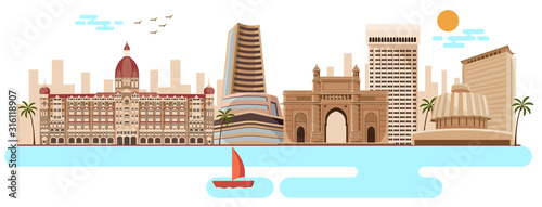 mumbai famous monuments and skyline vector