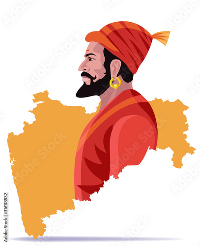 hindu king shivaji maharaj with maharashtra map vector photo