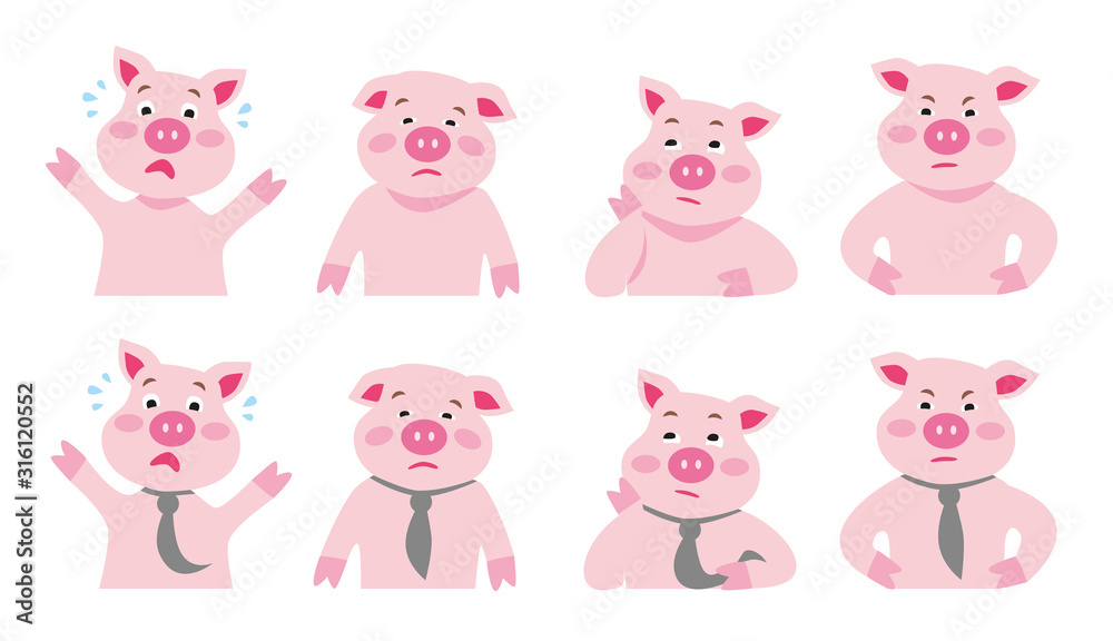 Isolierte Vektorgrafik Illustration, emotionales launisches Cartoon Tier, kleines Schwein ängstlich, traurig, nachdenklich, wütend