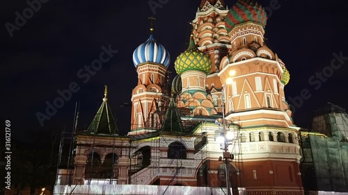 St. Basil's Cathedral (Pokrovsky Cathedral) on a winter evening. Hyperlapse