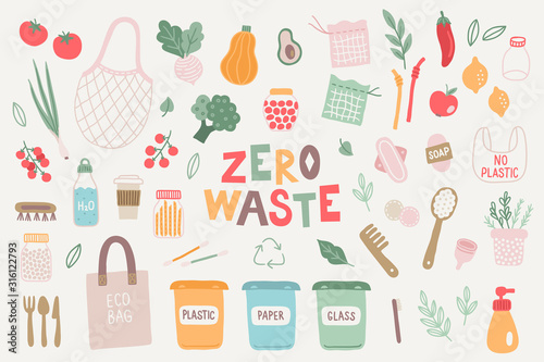 Zero waste design elements - garbage container, jars, vegetables, menstrual cup